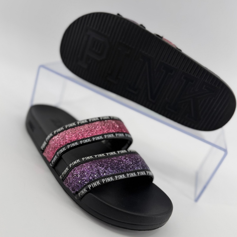 Victoria's Secret PINK Women's‎ Large Ombre Glitter Double Strap Slide Sandals